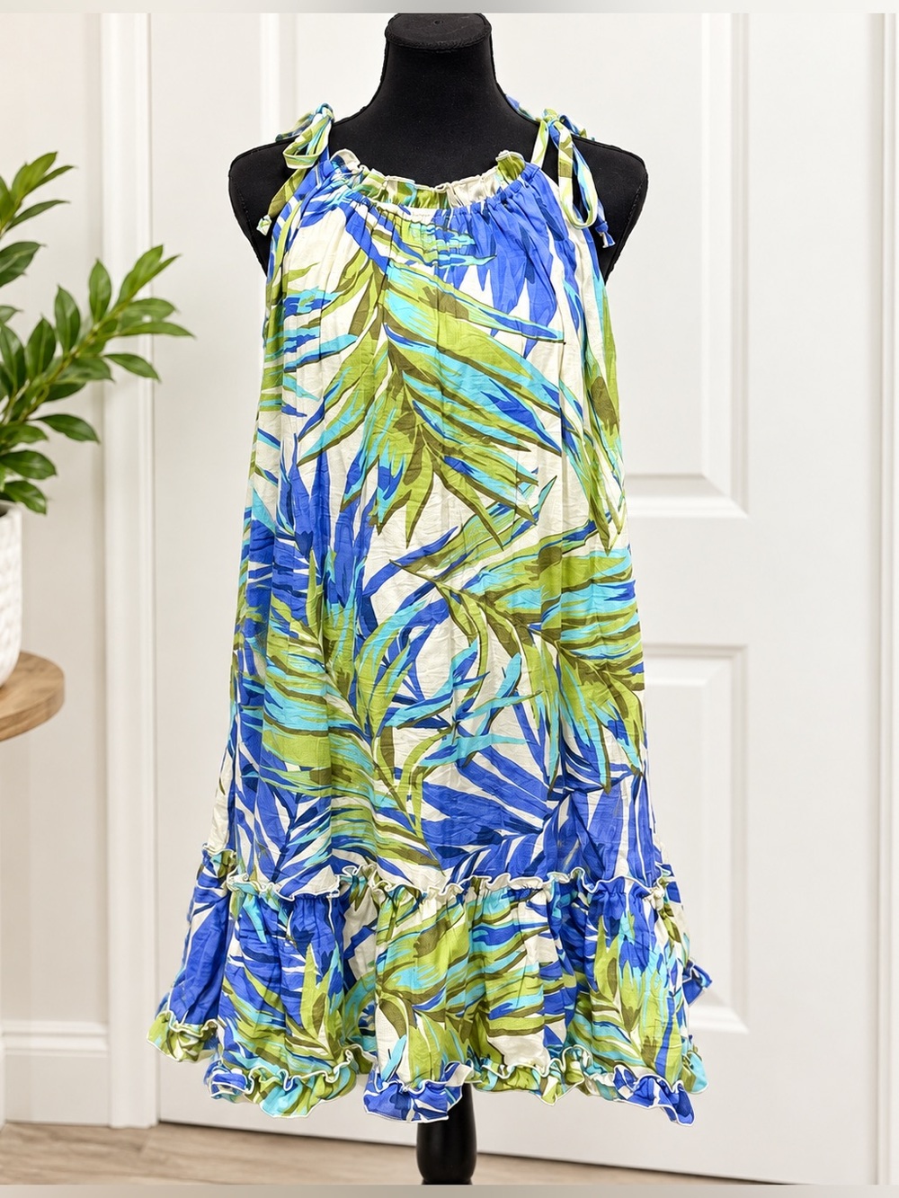 Robbie Bee Blue & Green Tropical Leaf Tie-Shoulder Midi Dress